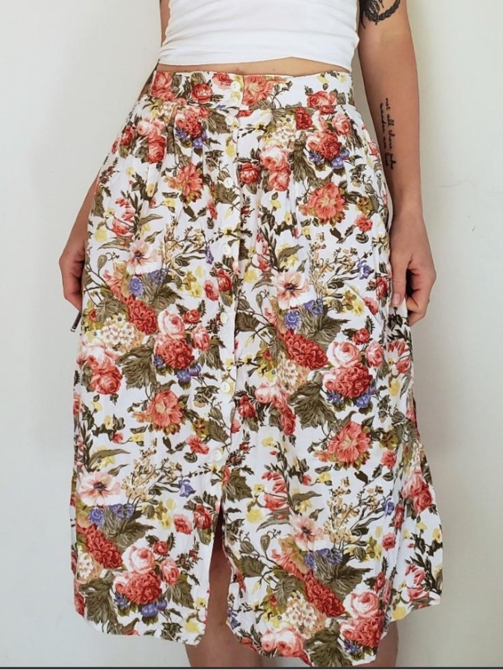 Vintage Floral Midi Skirt - White with Red & Green